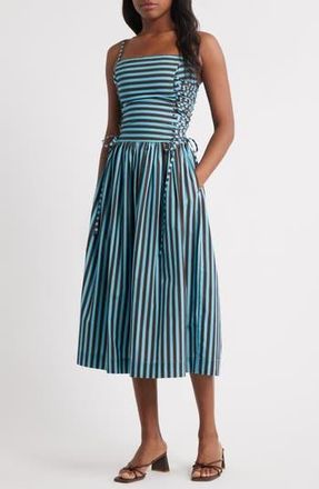 Damson Madder Angelina Stripe Lace-Up Side Midi Sundress in Blue at Nordstrom Rack, Size 10 Us / 14 Uk