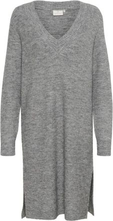Kaffe Grijze Melange Gebreide Jurk met V-Hals - Dames - Kleedjes - Grijs - XL - Kleedjes