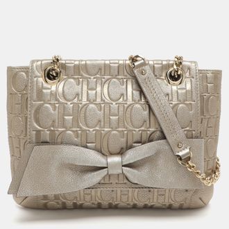Carolina Herrera Audrey Gold Monogram Embossed Leather Shoulder Bag