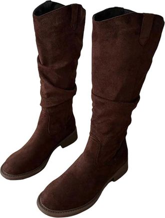 Generic Women Low Heel Western Cowboy Boots Soft Pleated Slip-On Long Booties
