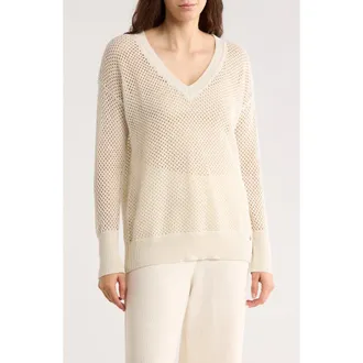 DKNY Open Stitch Cotton Blend Sweater in Eggnog/Silver at Nordstrom Rack, Size X-Large