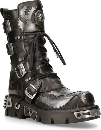 New Rock Flame Accented Black/Silver Leather Biker Boots- 107-S2