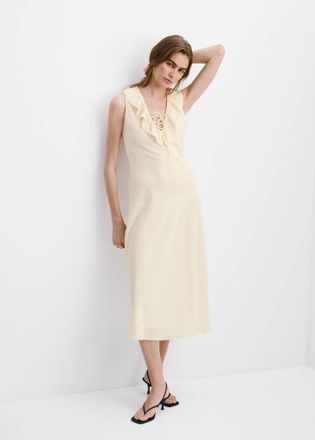 Mango Abito scollo a V con volant vaniglia - Donna - S - MANGO