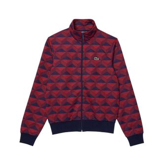 Lacoste Heren Robert George Sweatshirt met Motief Jacquard en volledige rits (Rood/Zwarte opdruk)