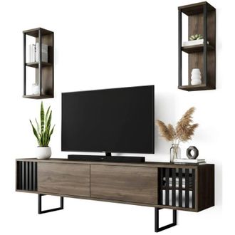 Dmora Mobile porta tv Ananke, Credenza da soggiorno, Armadio basso per tv, Base parete attrezzata, 180x30h48 cm, Noce e Nero, con imballo rinforzato, con