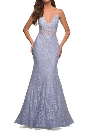 La Femme Mermaid Lace Prom Dress with Sheer Jeweled Bodice in Light Periwinkle at Nordstrom, Size 10