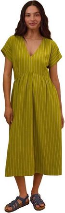 Celtic & Co. V-Neck Gathered-Waist Striped Midi Dress in Willow Stripe at Nordstrom, Size 4