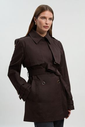 Karen Millen Womens Short Trench Coat - Chocolate Cotton - Size 16 UK