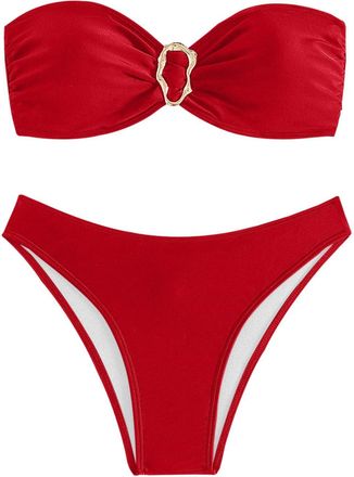 Generic Womens 2 Piece Strapless Swimsuits High Cut Metal Ring Tube Top Bandeau Bikini Set Swimming Costume Women Swimwear Beachwear Red