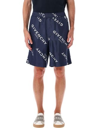 Givenchy Navy Silk Bermuda Shorts With All-Over Print