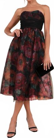 Lulus Womens Splendidly Yours Organza Mesh Strapless Midi Dress In Black Floral