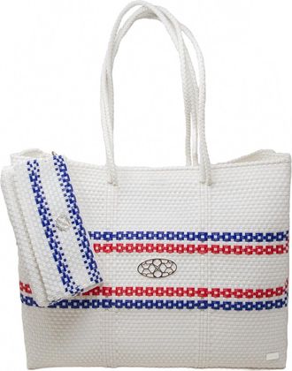 Lola's Bag Womens Woven Line Striped Travel Tote Bag With Clutch In White/blue/red