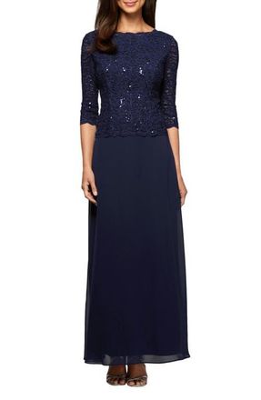 Alex Evenings Sequin Lace & Chiffon Gown in Navy at Nordstrom, Size 12P