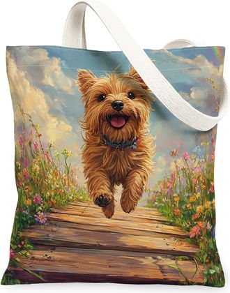 Generic Spring Norfolk Terrier Dog Canvas Tote Bag for Shopping 13x15, Country Garden Puppy Reusable Grocery Print Pattern Bag for Women, Fun Flower Pet Beach