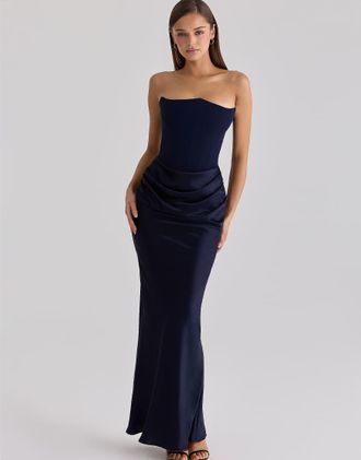 House of CB Persephone - Vestito lungo a corsetto senza spalline in raso e cr&ecirc;pe blu navy