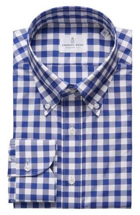Emanuel Berg Cotton Dress Shirt in Blue Check at Nordstrom Rack, Size Large