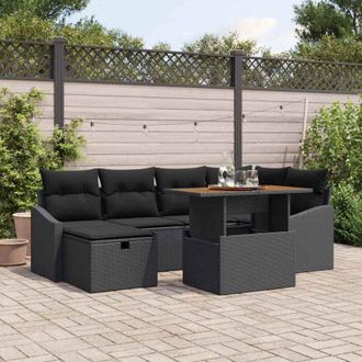 vidaXL Conjunto De Sof&aacute; De Jard&iacute;n Con Coj&iacute;n 7 Pcs Negro Polirat&aacute;n