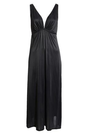 Natori Enchant Deep V-Neck Satin Nightgown in Black W/Ivory Lace at Nordstrom, Size X-Small