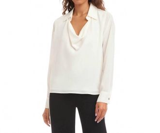 Karen Kane Long Sleeve Collared Cowl Neck Top In Cream