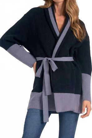 Elan Belted Color Block Cardigan In Black/blue