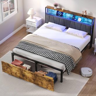 Merax 4ft6 Double Industrial Bed Frame with LED Storage Headboard & Drawers in Walnut