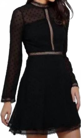 Bardot Jewel Neck Long Sleeve Dotted Chiffon Mini Dress In Black