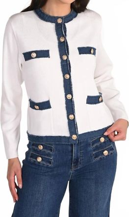 Frank Lyman Design Long-Sleeve Crew Neck Cardigan In Off White/blue