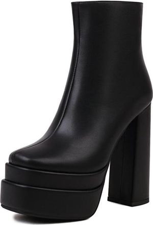 Generic Womens Square Toe Ankle Boots Chunky Block High Heels With Side Zipper PU Leather Style For Party Club Evening Dress Fall Winter Wear,Black,4.5 UK