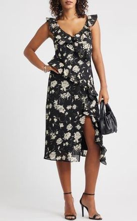 Chelsea28 Ruffle Midi Dress in Black- Ivory Floral at Nordstrom Rack, Size Xx-Small
