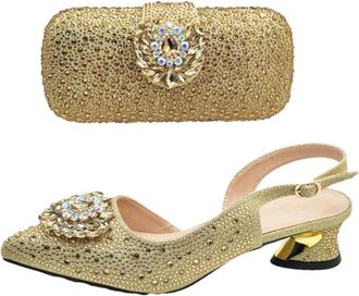 Generic Womens Luxury Italian Shoe and Bag Matching Set Full Rhinestone Decorated Party Wedding Bride Sparkly Sandals Gold