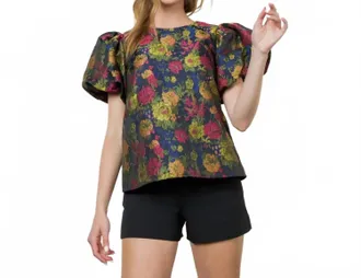 THML Clothing Puff Sleeve Textured Detail Top In Blue