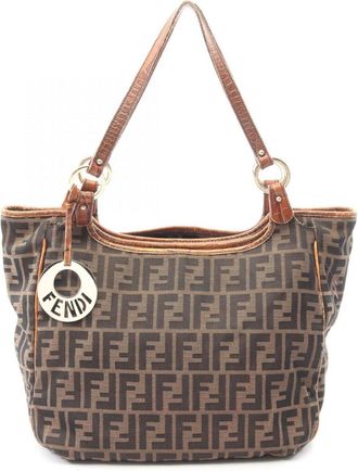 Fendi Brown Leather Nylon Canvas Handbag Tote Bag (Pre-Owned)