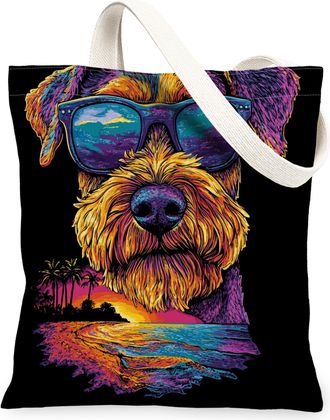 Generic Summer Airedale Terrier Dog Canvas Tote Bag for Shopping 13x15, Cool Beach Coastal Puppy Reusable Grocery Print Pattern Bag for Women, Retro Pet Beach
