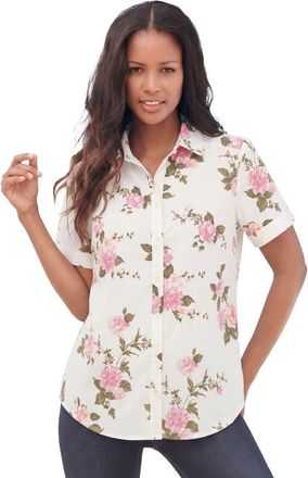 Roaman's Plus Size Kate Short Sleeve Easy Cotton Blend Button Front Shirt in White Mixed Flowers at Nordstrom, Size 24
