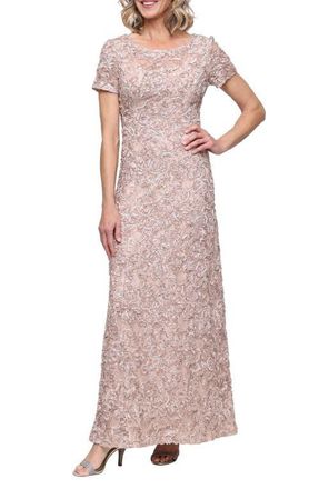 Alex Evenings Sequin Soutache Short Sleeve A-Line Gown in Champagne at Nordstrom, Size 12