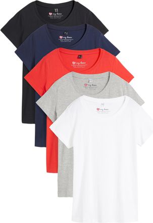Bonprix T-Shirt BONPRIX Rundhals-Shirt, Kurzarm (5er Pack), Damen, Gr. 56/58 (XXXL), erdbeere, wei&szlig;, hellgrau meliert, dunkelblau, schwarz, Jersey, Obermateri