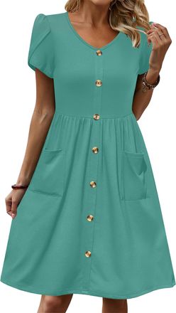 Zeagoo Womens Summer Dress Short Sleeve Button Solid Dress Elegant V-Neck Midi Dress Casual Sundress with Pockets Green L