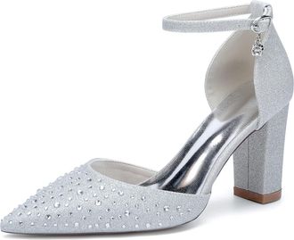 Generic Womens Pointed Toe Crystal Wedding Shoes Ankle Strap Bridal Chunky Heels Bridesmaid Evening Pumps 8.5Cm,Silver,10 UK
