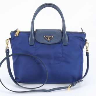 Prada Blue Leather Nylon Handbag Shoulder Bag Tote Bag (Pre-Owned)