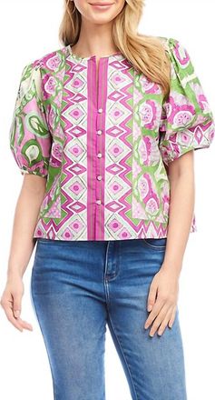 Karen Kane Puff Sleeve Button-Front Shirt In Multi