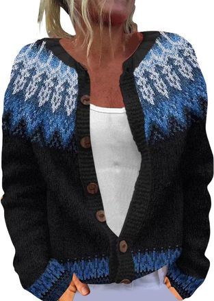 Generic Christmas Jumpers for Women UK Plus Size Vintage Ethnic Fairisle Sweater Cardigan Boho Colorful Icelandic Jumpers Coat Autumn Winter Soft Cozy Slouchy