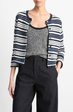 Vince Textured Stripe Cotton Blend Cardigan in Navy/off White at Nordstrom Rack, Size X-Large