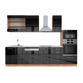 Vicco Mueble De Cocina Fame-line, Antracita Brillo Intenso/roble Dorado El&eacute;ctrico, 300 Cm Con Armario Alto, Et M&aacute;rmol