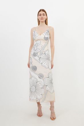 Karen Millen Womens Applique Organdie Satin Woven Midi Dress - Pink - Size 12 UK