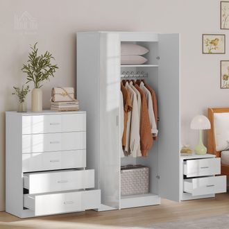 HOMCOM High Gloss Home Furniture Set Wardrobe Chest Bedside Table 7 Drawer in White
