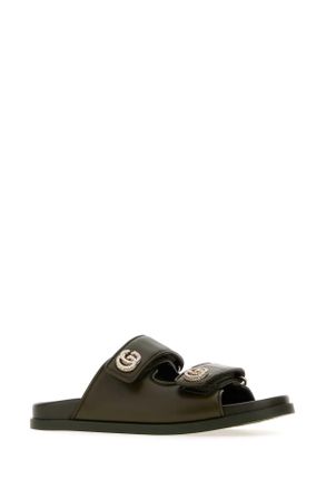 Gucci Womens Olive Green Leather Slippers Flat Shoes