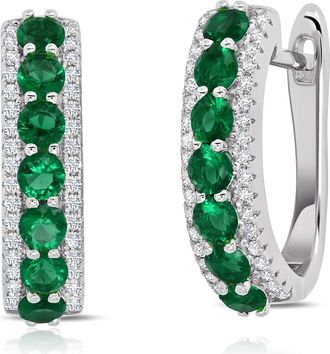 MAX + STONE 925 Sterling Silver Simulated Round Gemstone Hoop Earrings with Hinged Posts