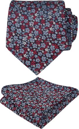 Alizeal Mens Floral Patterned Wedding Party Tie with Pocket Square 8cm Colorful Classic Business Tie Set, Red+Blue
