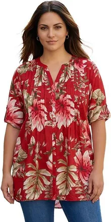 Roaman's Pintuck Tunic Blouse Y Neck & Roll Tab Sleeves in Antique Strawberry Tropical at Nordstrom, Size 42