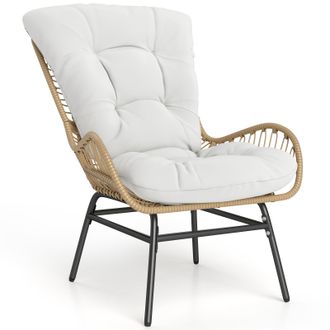 Costway Poltrona Da Giardino In Rattan, Sedia Da Pranzo Da Esterno In Rattan Con Morbido Cuscino E Struttura In Metallo, Portata 180 Kg